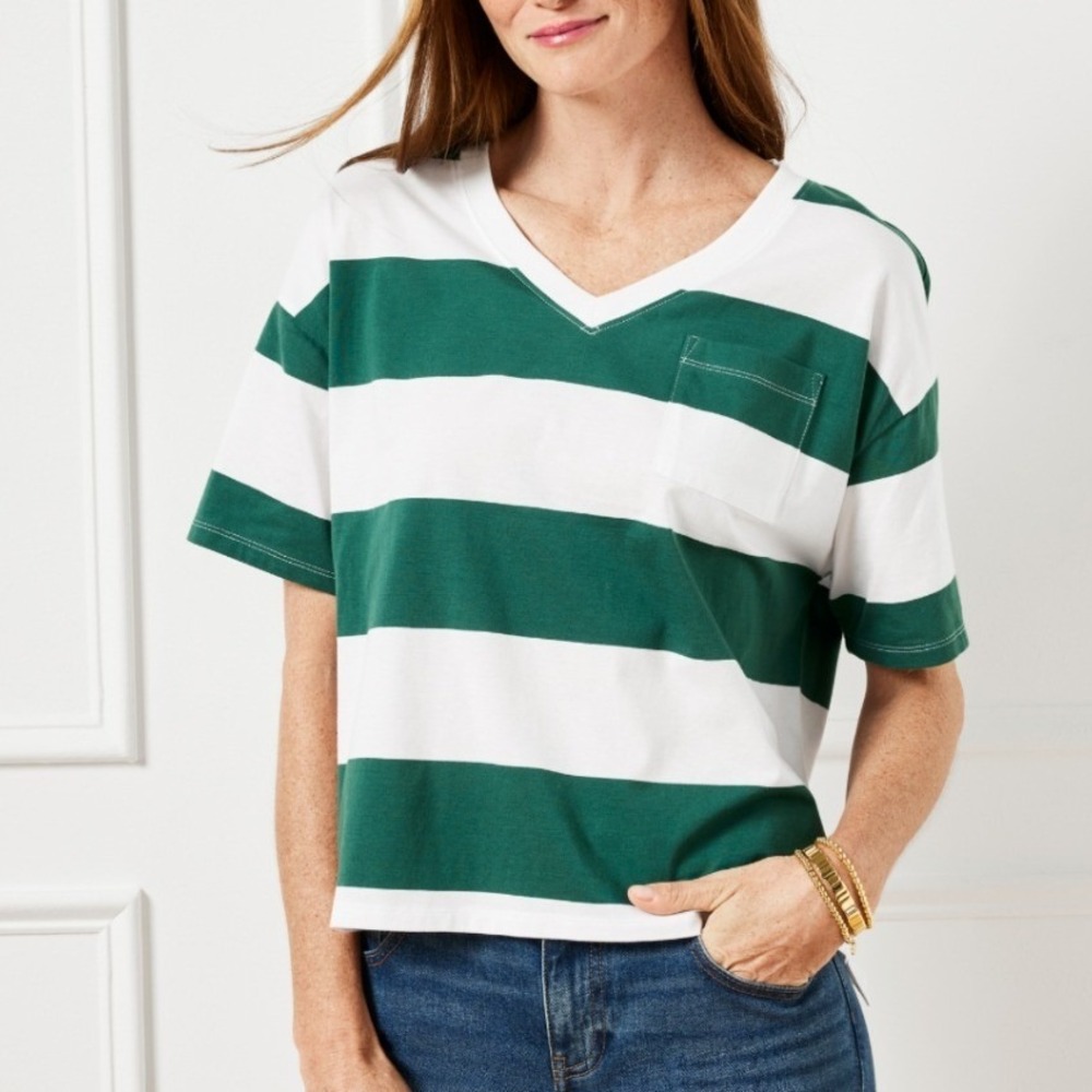 Talbots‎ Striped V-Neck Boxy Oversize Cotton T-Shirt Womens XL Preppy Coastal
